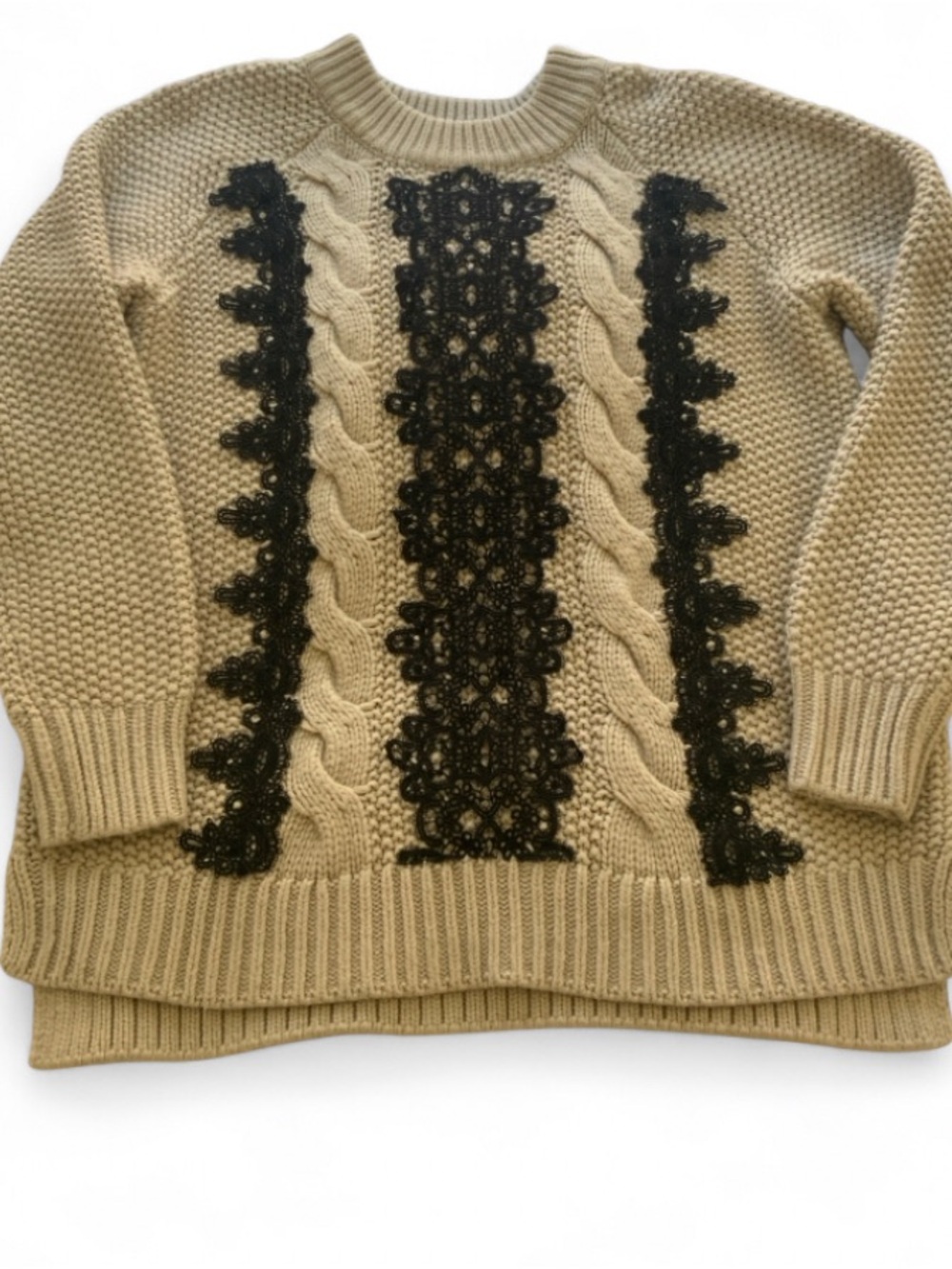 Simply Vera Vera Wang Beige Crewneck Sweater with Black Lace Panels M
